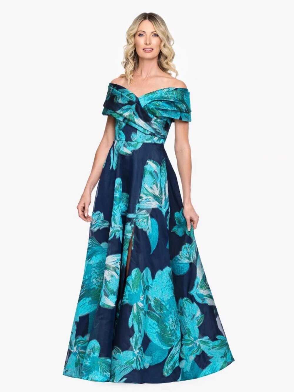 Betsy & Adam Navy Teal Off The Shoulder Floral Embroidered Gown